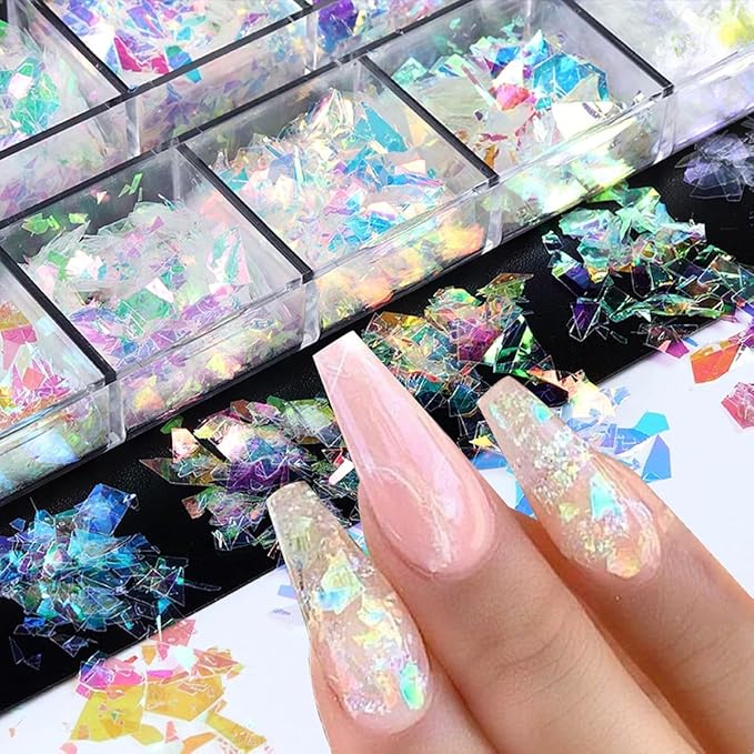 12 Colors Holographic Nail Art Glitter Sequins Aurora Holographic Mermaid Nail Glitter Flash Ice Residue Nail Glitter Sequin Chameleon Flakes Set Fluorescent Glass Paper for Face Body DIY Decoration-BrightBean Baby