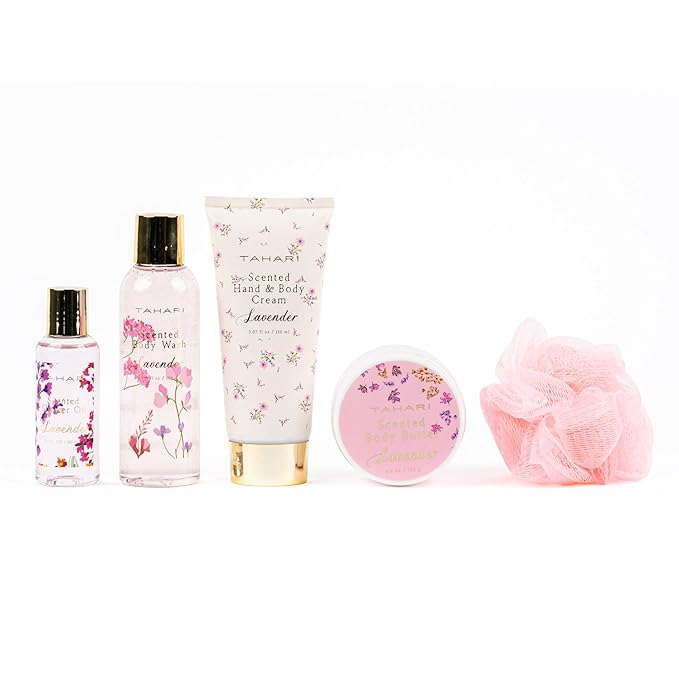 Tahari Spa Gift Set for Women, Lavender Spa Set, Bath Kit for Women Gift Set Includes Scented Body Wash, Body Lotion, Body Butter & Pouf, Lotion Gift Set for Women, Birthday Gifts For Women - (Floral)-BrightBean Baby