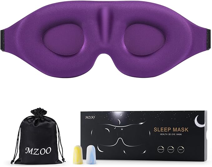MZOO Luxury Sleep Eye Mask for Side Sleeper Men Women, Zero Eye Pressure 3D Sleeping Mask, Light Blocking Patented Design Night Blindfold, Soft Eye Shade Cover for Travel, Purple-BrightBean Baby