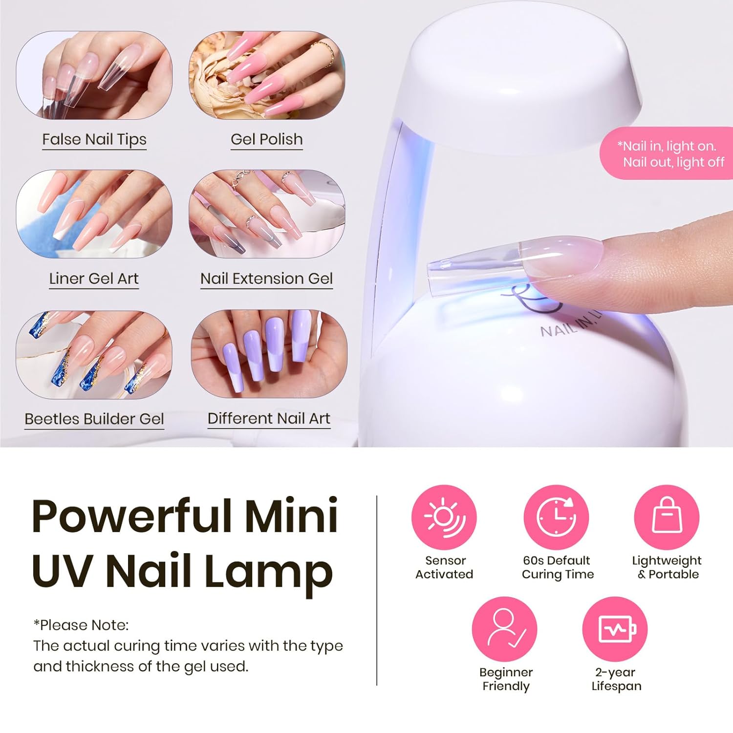 Beetles Tipex Nail Tips Kit, Long Square-C Curved Half Matte Nail Tips 224 Pcs 16 Sizes Pre Building Fake Nails with Tipex Nail Glue, Mini Nail Lamp - Thick Acrylic Nail Set-BrightBean Baby