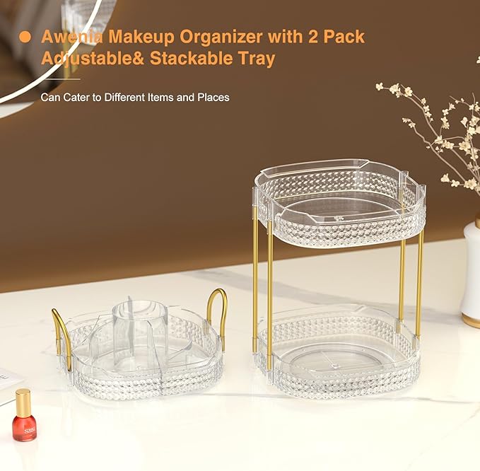 Awenia Rotating Makeup Organizer 360, Stackable Adjustable Large Capacity Cosmetic Storage Unit,Dresser Bathroom Kitchen Countertop Organizer with Metal Handle, Plus Size (Clear, 3 Tier)-BrightBean Baby