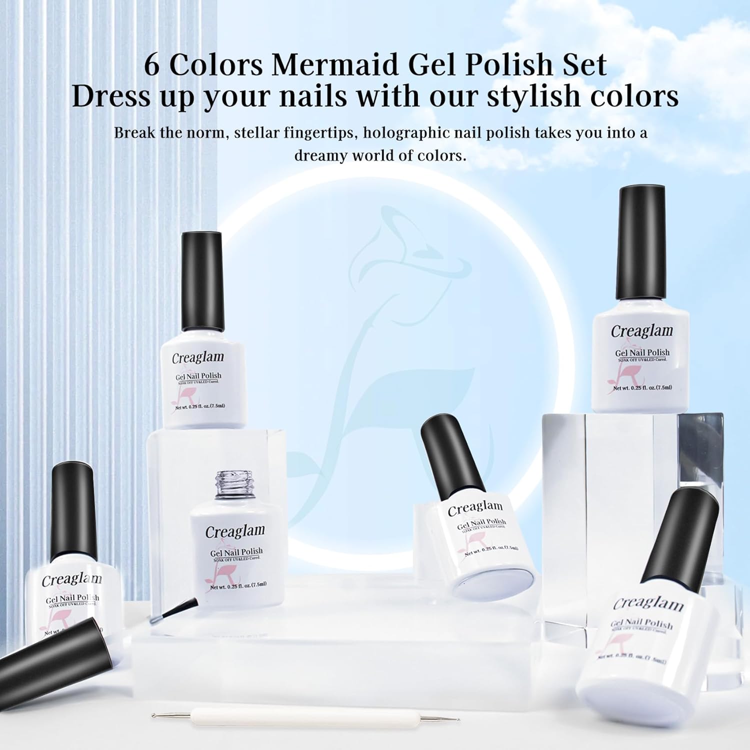 Mermaid Gel Nail Polish Set: 6 Colors - Pastel Pink, White, Orange, Blue, Pearl Gel with Swirl Shell Design - Uv Led Summer Nail Gel Polish DIY Swirl Shell Thread Effect for Girls-BrightBean Baby