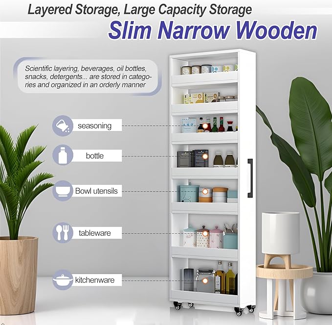 7-Tier Slim Storage Cart, Wooden Rolling Pantry Cabinet with Wheels, Narrow Shelf Organizer for Kitchen, Bakers Rack, Dining Room, Closet, Small Spaces Light Walnut 47.2" H*7.8" W*23.6" D
