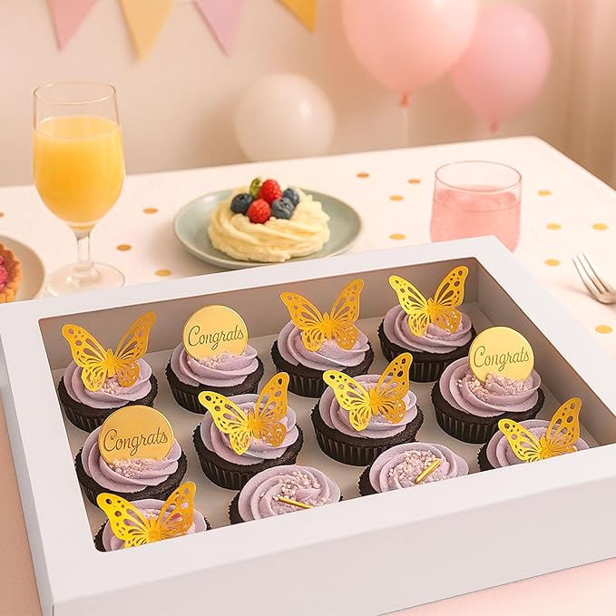 VGOODALL 12 Count Cupcake Boxes, 12PCS Cupcake Holder with Window White Pastry Boxes for Birthday Holiday Party Bakery Supplies