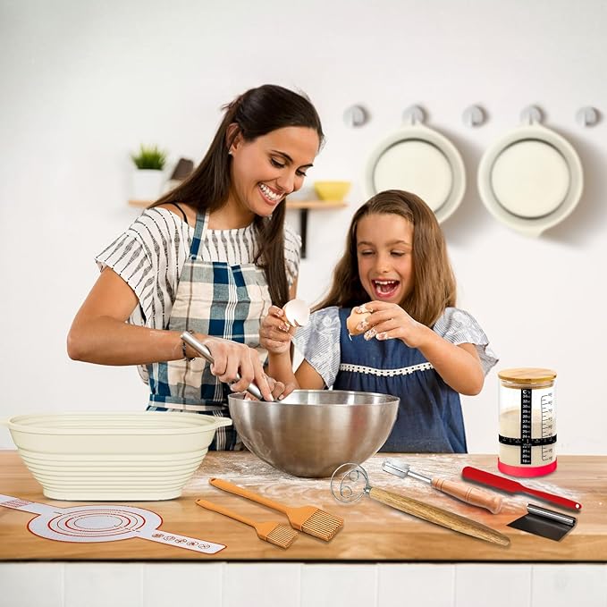 Sourdough Starter Kit, 26PCS Sourdough Bread Baking Supplies, Including a Sourdough Starter Jar (34OZ), Silicone Banneton Bread Proofing Basket Set of 2 (Yellow wood, Oversized glass mouth)