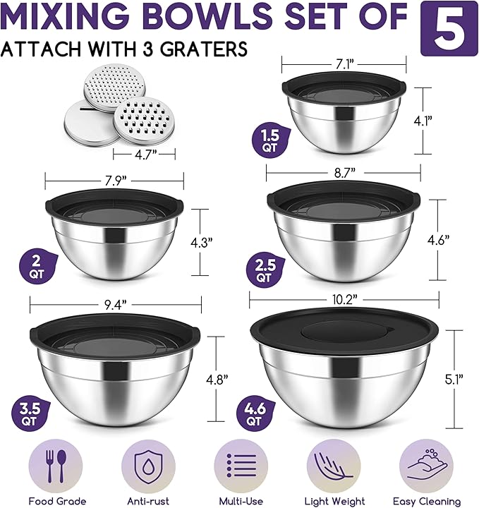 Herogo 5-Piece Mixing Bowls with Airtight Lids, 3 Grater Attachments, Stainless Steel Salad Serving Bowls for Kitchen, Size 4.6, 3.5, 2.5, 2, 1.5QT Ideal for Prepping & Cooking, Black