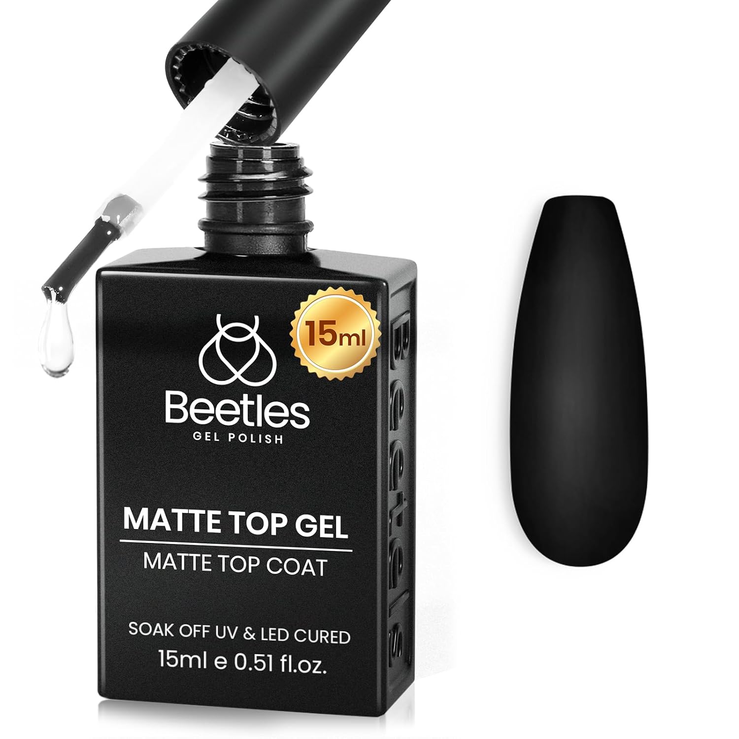 Beetles 15 ml Matte Gel Top Coat, Chrome Proof Matte Top Coat Gel Nail Polish No Wipe Low‑Odor Compatible with UV/LED Lamps Long Lasting 21 Days+ Finish Diy at Home-BrightBean Baby