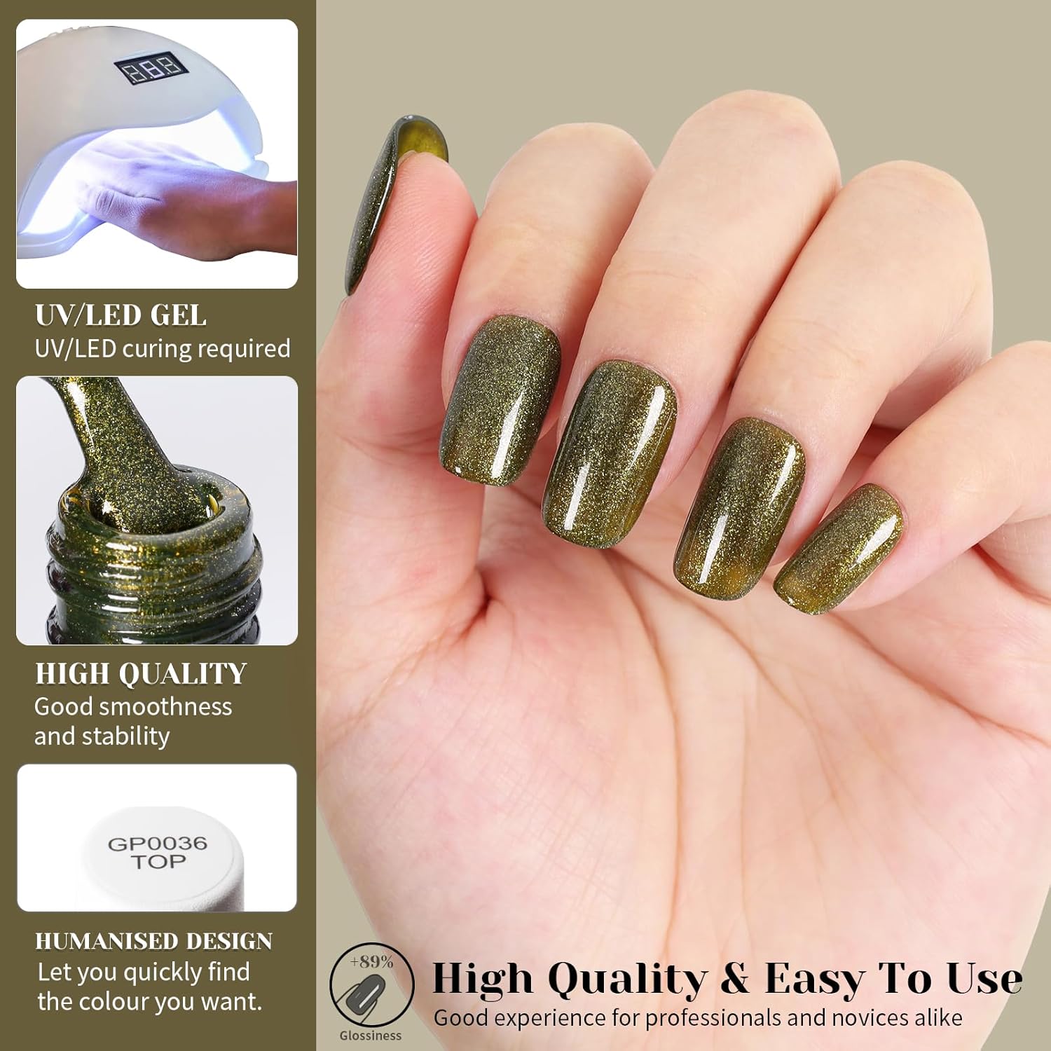 Olive Green Color Glitter Gel Nail Polish,15ml UV/LED Soak Off Sparkly Shimmer Green Gel Polish for Manicure Salon or DIY Nail Art at Home,All Seasion Color Gel - GP0114-BrightBean Baby