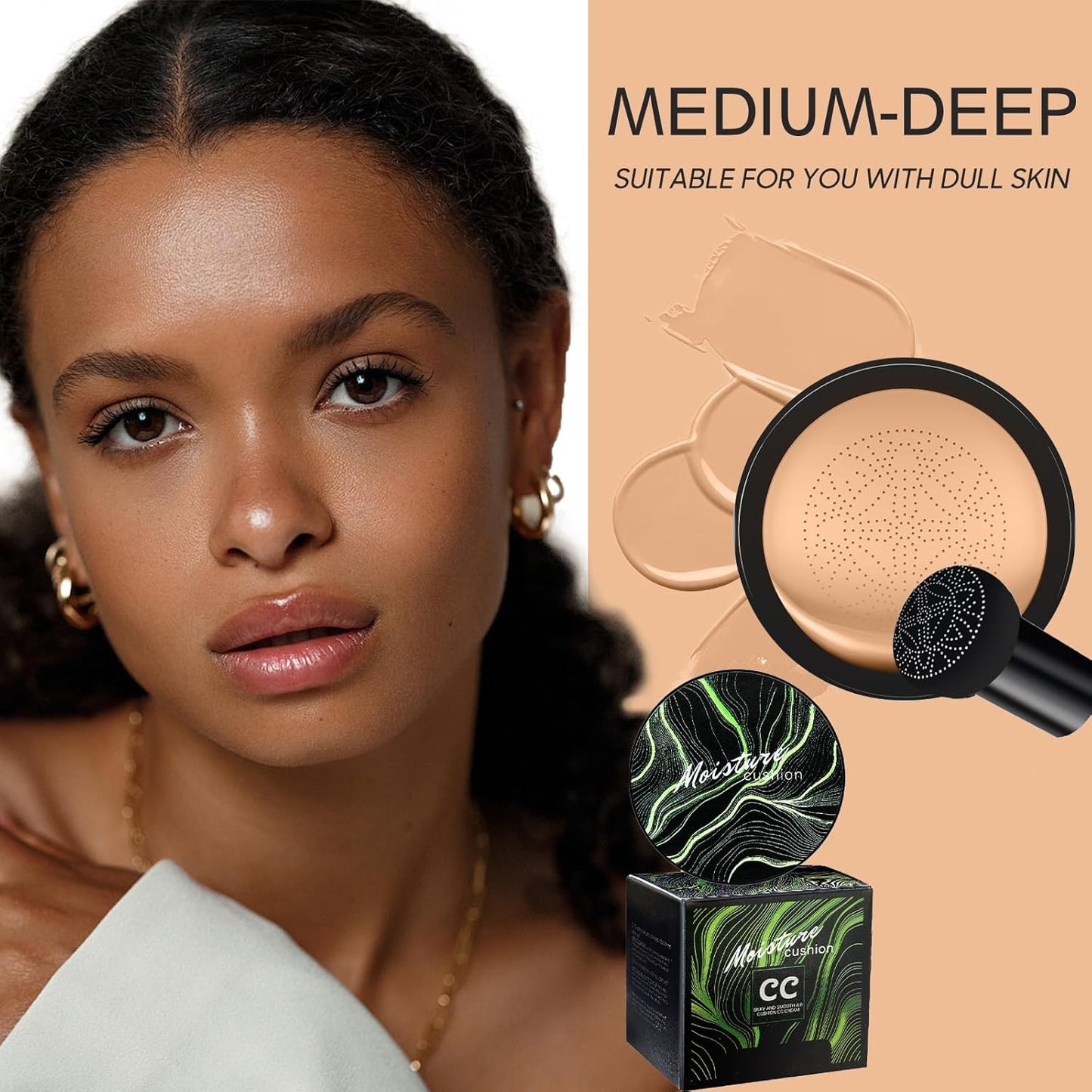 Mushroom Head Air Cushion CC Cream - BB Cream Foundation Makeup Moisturizing Concealer Long-Lasting, Cushion Foundation Full Coverage Self Adjusting for Mature Skin & All Skin Types （Medium Deep)-BrightBean Baby