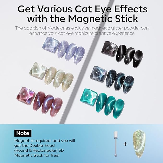 modelones Cat Eye Gel Nail Polish Set, 6 Colors Holographic 9D Glassy Cat Eye Glitter Gel Polish Set Black Blue Purple Green Nail Polish Kit with Magnet Soak Off LED Nail Art DIY Salon Gift-BrightBean Baby