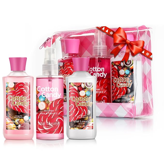 Bath & Body Care Travel Set - Home Spa Set with Body Lotion, Shower Gel and Fragrance Mist, Valentines Day Gifts for Her and Him(Cotton Candy)-BrightBean Baby