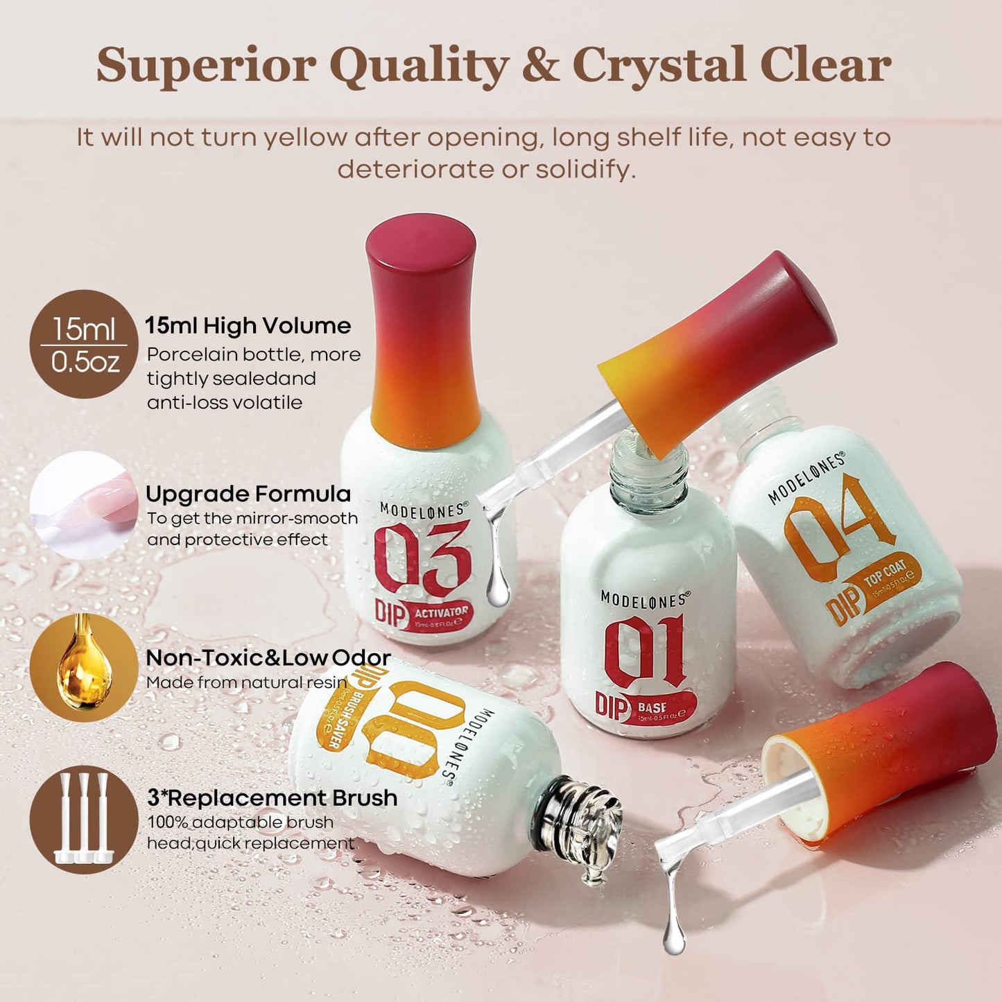 modelones Dip Powder Liquid Set 4+4 Pcs, Dip Powder System Set with Base Coat/Top Coat/Activator/Brush Saver/Manicure Tools for Nail Kit Art DIY Salon - 15ml/0.5oz-BrightBean Baby