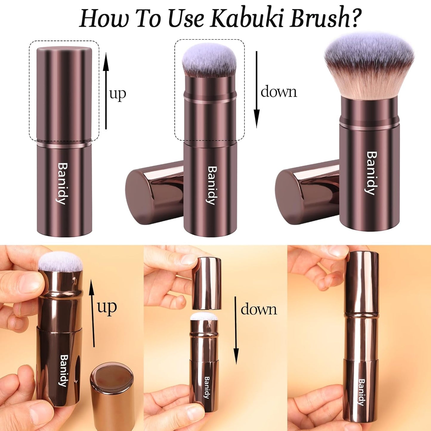 Makeup Brush Kabuki Face Brushes Retractable Travel Blush Brush Portable Flawless for Foundation, Powder Blush, Bronzer, Buffing, Liquid, Cream, Cruelty Free with Cover(Round-Head)-BrightBean Baby
