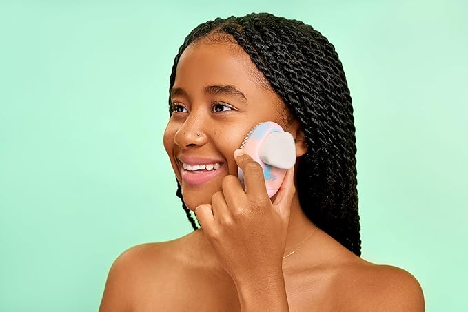 LOLLIPOP Dual-Sided Facial Cleansing Brush | Palm Size Silicone Face Exfoliator and Soft Fiber Cleanser | Manual Face Scrubber for Pores, Makeup Removal, Blackhead and Skincare Routine, Rainbow-BrightBean Baby