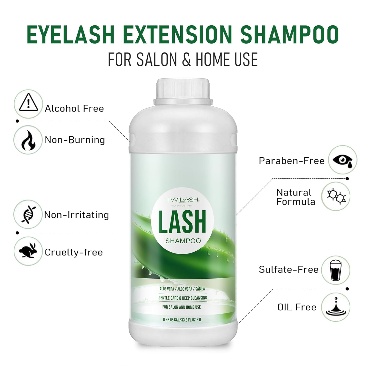 Lash Shampoo Bulk, Eyelash Cleanser for Extensions 1 Liter, Safe Makeup Remover, Non-irritating or Burning Formula Eyelid Foaming Cleanser for Professional Salon and Home Use (Aloe Vera-1L)-BrightBean Baby