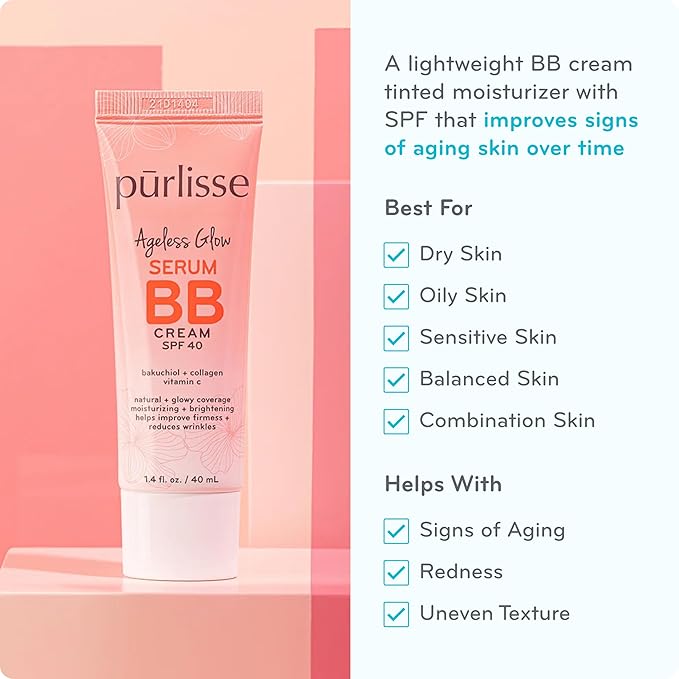 pūrlisse Ageless Glow Serum BB Cream SPF 40 - Glow BB Cream with SPF Enriched with Bakuchiol & Vitamin C to Help Improve Firmness & Reduce Wrinkles for Dewy Skin - Tan Deep (1.4 oz)-BrightBean Baby