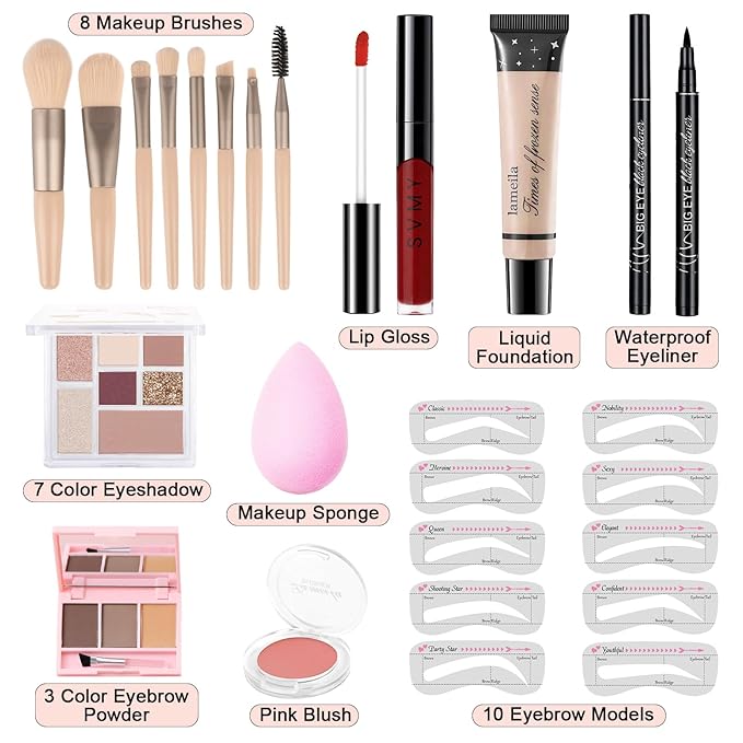 Makeup Kit for Teens Girls, Makeup Present Set for Women, Makeup Full Kit for Beginners, Mini Makeup Bundle Include 7 Puce colors Matte & Shimmer Pigmented Eyeshadow Palette, Eyebrow Powder-BrightBean Baby