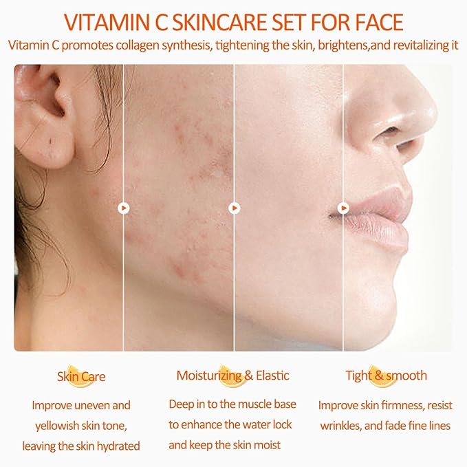 Vitamin C 5-Piece Skincare Set with Cleanser, Toner, Serum, Eye Cream and Face Cream for Skin Brightening skin care set skincare gift set skin care set for Unisex Adult-BrightBean Baby