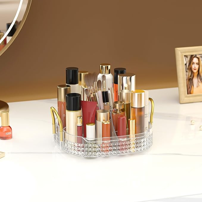 Awenia Rotating Makeup Organizer 360, Stackable Adjustable Large Capacity Cosmetic Storage Unit,Dresser Bathroom Kitchen Countertop Organizer with Metal Handle, Plus Size (Clear, 1 Tier)-BrightBean Baby