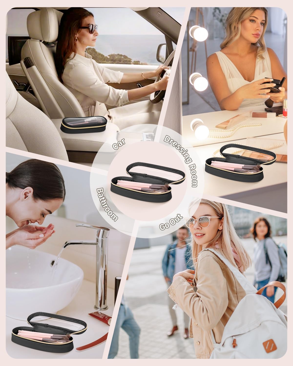 Clear Travel Makeup Brush Holder, Leather Makeup Brush Toiletry Bag, Portable Cosmetic Brush Case, Transparent Waterproof Makeup Brush Storage Bag, Black, Large-BrightBean Baby