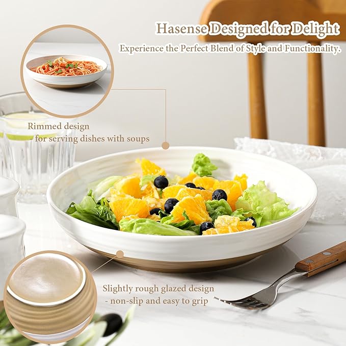 Hasense Pasta Bowls Set of 4, 8.7 Inch Ceramic Serving Bowls for Entertaining, 32 Oz Stackable Bowl Set for Soup, Pasta, Salad - Dishwasher & Microwave Safe, White