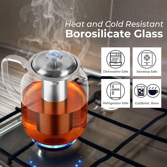 Aquach 68oz Glass Teapot with Built-in Thermometer, Stovetop & Dishwasher Safe, Borosilicate Carafe and Stainless Steel Removable Infuser