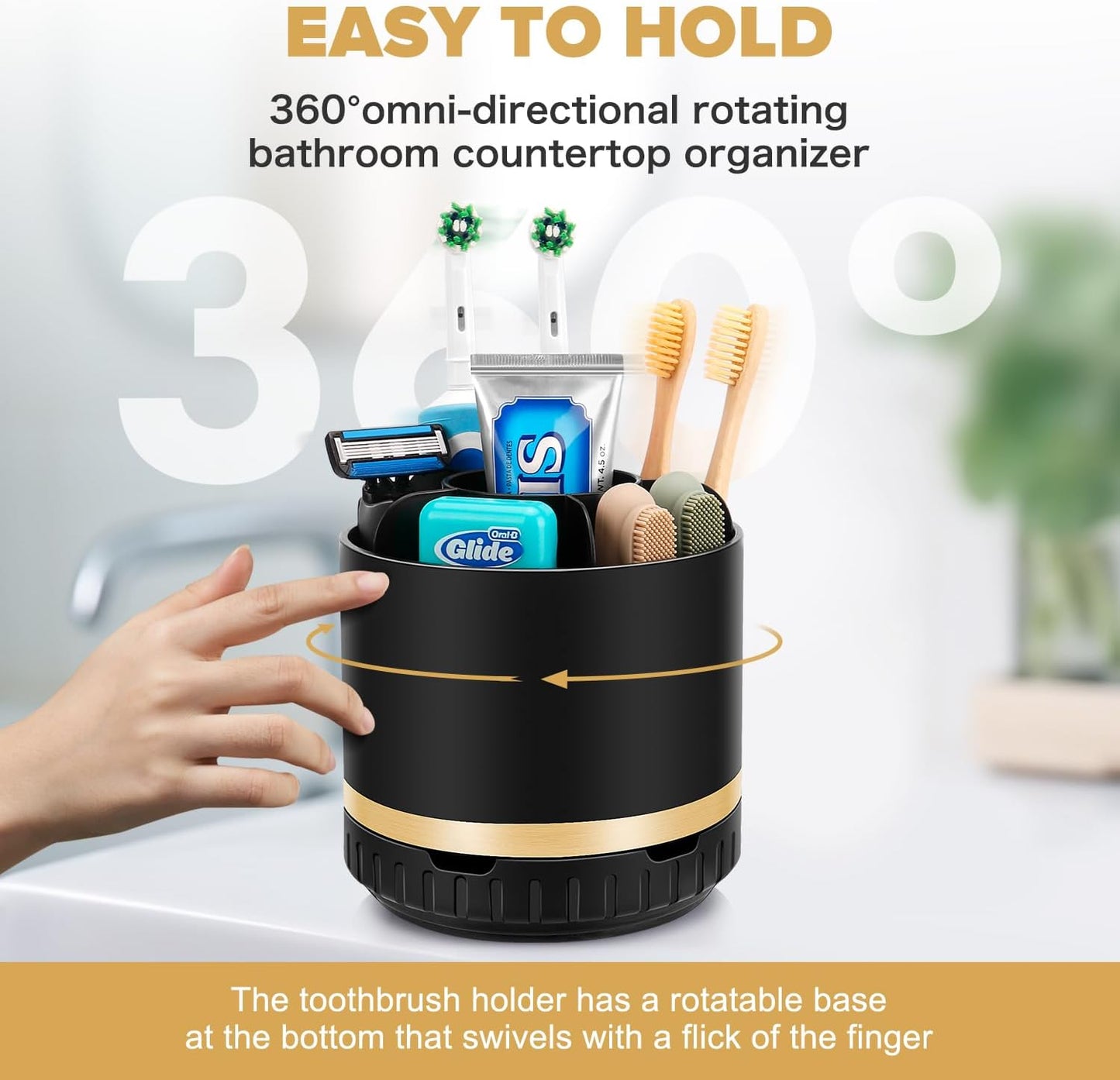 Bathroom Organizer Countertop - Rotating Black Toothbrush Holder for Bathroom Accessories Organization Detachable 6 Slots Bathroom Sink Storage Caddy Vanity Organizer-BrightBean Baby
