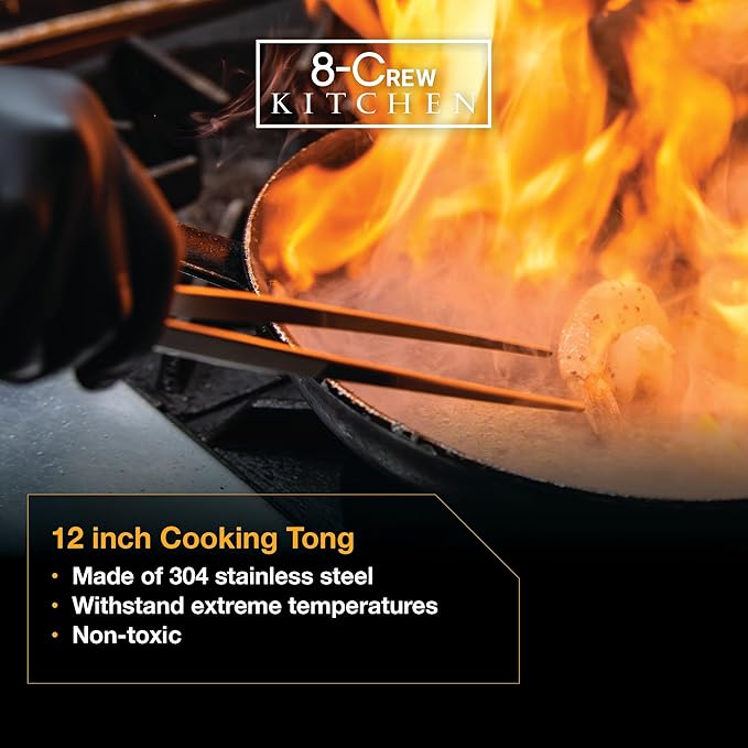 8-CREW KITCHEN Professional Chef Tongs 2 pc Set - 12” 304 Stainless Steel Tweezer for Cooking and Multi-Use - 6” Culinary Tweezer for Plating, Bar and Food Decorating