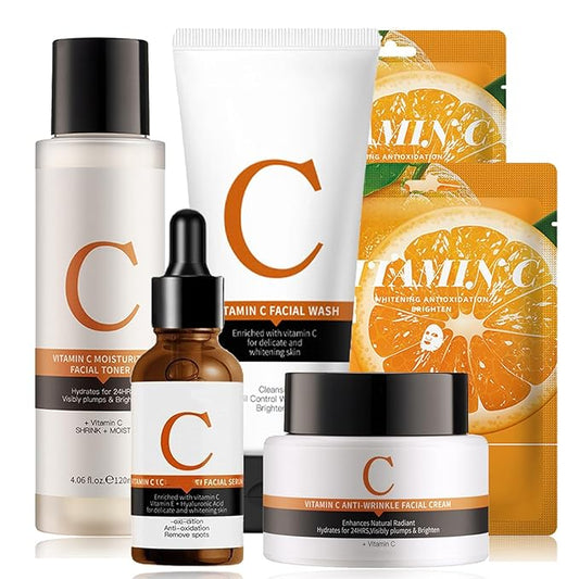 Vitamin C Skin Care Sets, 6Pcs Skin Care Products Set, Skin Care Gift Set for Women Girls, Hydrating Skincare Routine Set, Face Care Kit Includes Cleanser, Mask, Face Serum, Toner, Cream-BrightBean Baby