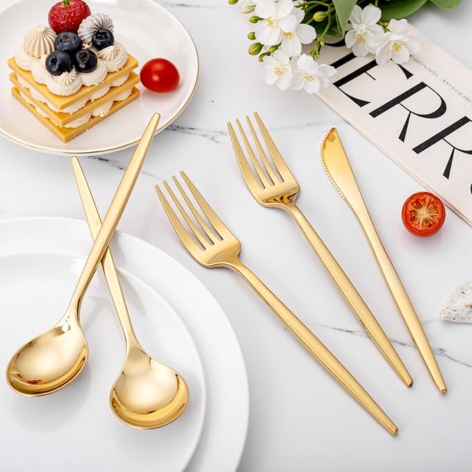 PULOTE 300PCS Gold Plastic Silverware Set Disposable - Heavy Duty Gold Utensils Set - Plastic Cutlery Disposable - Include 100 Knives, 100 Forks, 100 Spoons for Party & Wedding