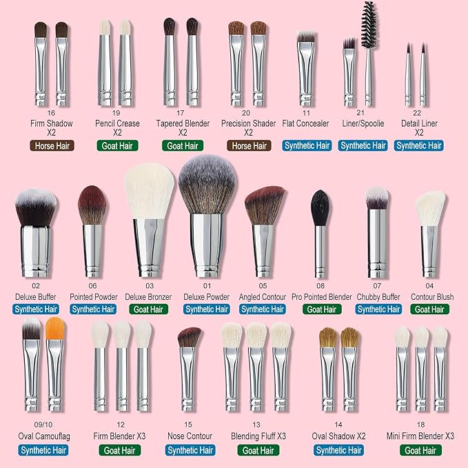 Bueart Design Pro makeup Artist 34Pcs Deluxe Real Goat Hair Horse hair Makeup Brushes Set with extra Large Holder High End Professional labeled makeup brush set with natural Pony Hair-BrightBean Baby