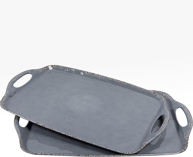Extra Large Serving Tray with Handles, 19 x12 inch, Set of 2 Melamine Platters for Serving Food, Turkey, Cookie, Farmhouse Rectangular Trays for Eating, Dishwasher Safe, Gray