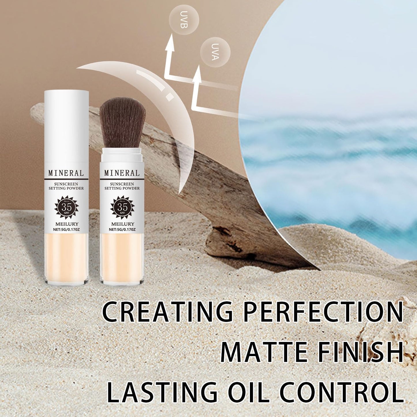 Sunscreen Setting Powder SPF 35, Mineral Brush Powder for Face & Scalp, Oil Control Natural Matte Finish Loose Powder Translucent Lasting Lightweight Breathable for All Skin (#05 Medium)-BrightBean Baby