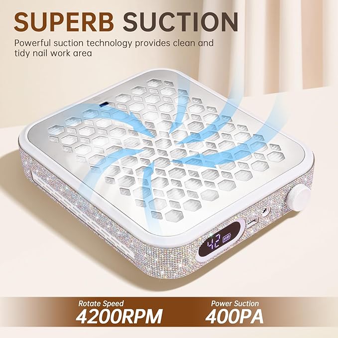 Nail Dust Collector, Rechargeable Dust Collector Nail Tech, Powerful Vacuum Fan Vent Dust Collector Extractor Dust Suction Machine for Acrylic Nails Polishing, Nail Salon&Home, White-BrightBean Baby