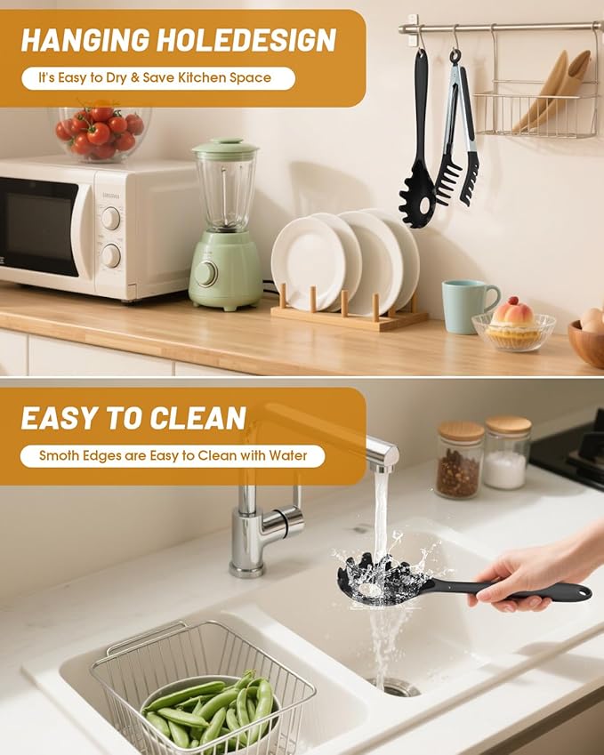 Spaghetti Spoon and Pasta Tong with Non-Slip Silicone Teeth, Food Clip for Spaghetti Noodle, Heat Resistant Kitchen Utensils with Storage Holes, Dishwasher Safe