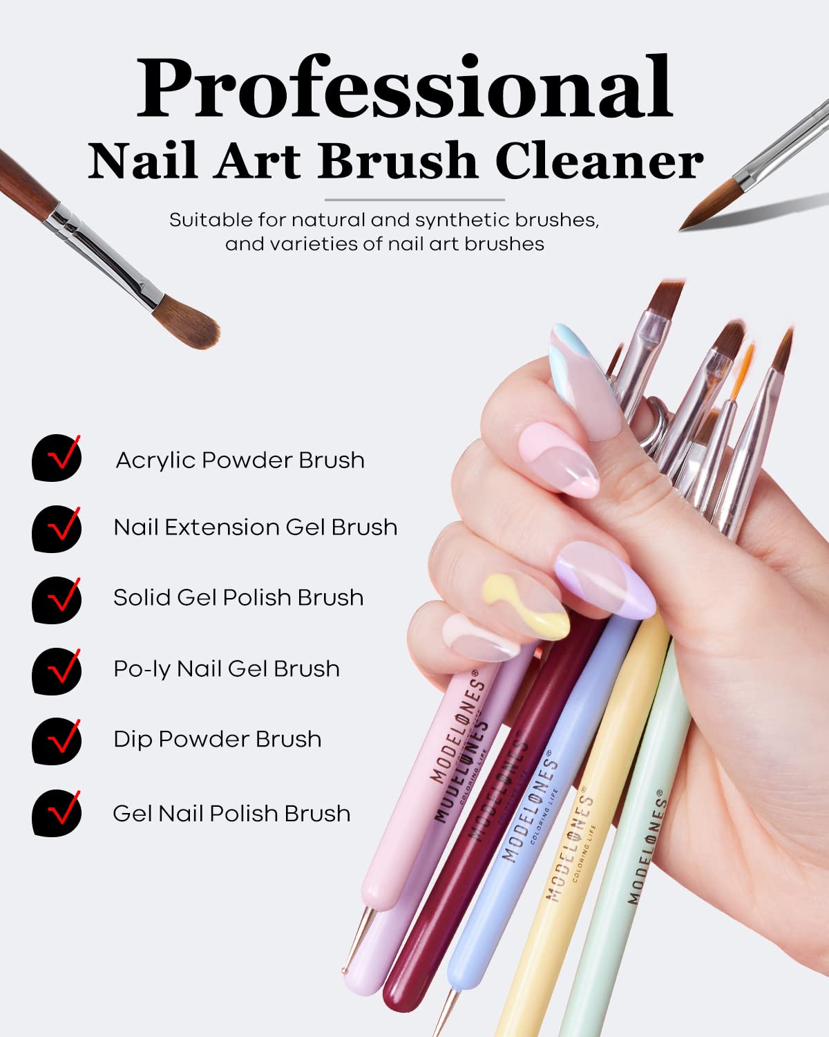 Modelones Nail Art Brush Cleaner & Restorer for Nail Polish/Extension Gel/Solid Builder Gel/Dip Powder/Acrylic Manicure Kits DIY Salon at Home - 80ml, W/Pro Brush-BrightBean Baby