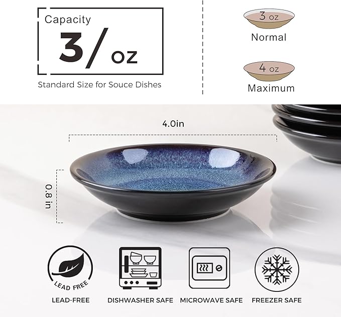 LERATIO Ceramic Soy Sauce Dishes of 6, Reactive Glaze Dipping Sauce Cups/Bowls/Dishes for Kitchen, 3oz Ceramic Small Bowls for Side Dishes, Snacks,and Sushi,Condiment,Dishwasher Safe -Blue