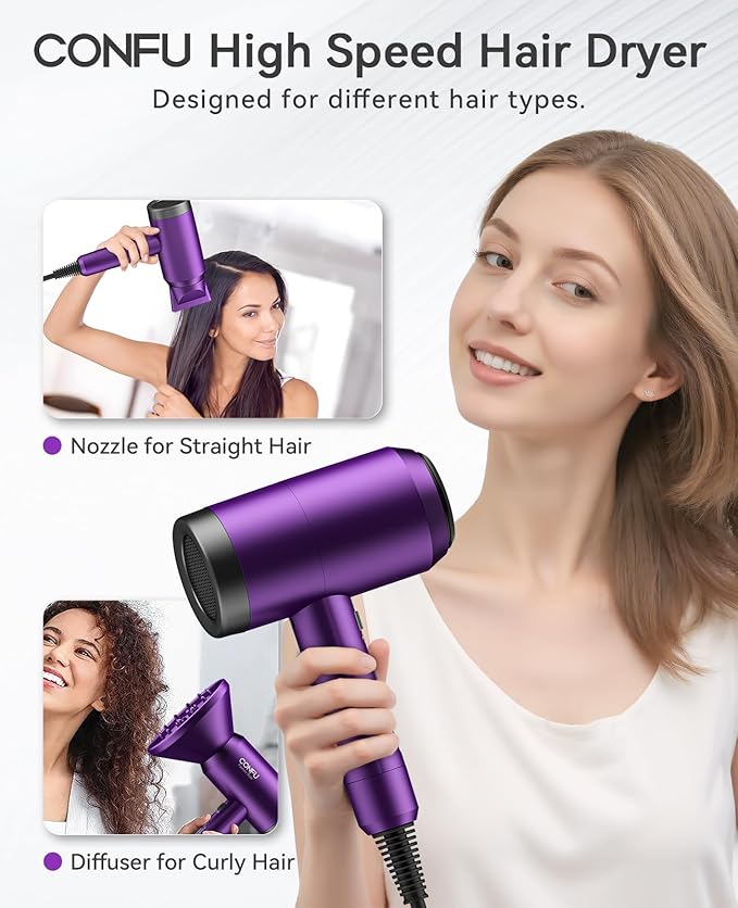 Hair Dryer with Diffuser, CONFU Ionic Blow Dryer 1600W, Portable Lightweight Fast Drying Negative Ion Hairdryer, 3 Heat Settings with Diffuser and Concentrator Nozzle for Home & Travel-BrightBean Baby