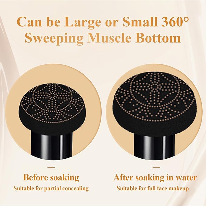 Air Cushion CC Cream Mushroom Head - Moisturizing & Oil Control Screw Lid Concealer Makeup Base, Primer Liquid Foundation Long Lasting with Mushroom Makeup Sponges for All Skin Types (Buff Beige)-BrightBean Baby