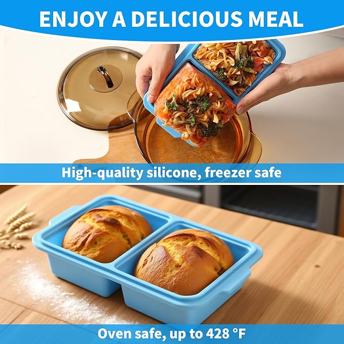 1 Cup Silicone Freezer Tray Ice Cubes with Lids and Date Mark for Storing Lasagna Leftovers Sauces Portioned Meals and More, Silicone Soup Freezer Molds for Meal Prepping 2 Pack Blue