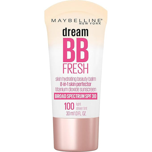 Maybelline Dream Fresh Skin Hydrating BB cream, 8-in-1 Skin Perfecting Beauty Balm with Broad Spectrum SPF 30, Sheer Tint Coverage, Oil-Free, Light, 1 Fl Oz-BrightBean Baby