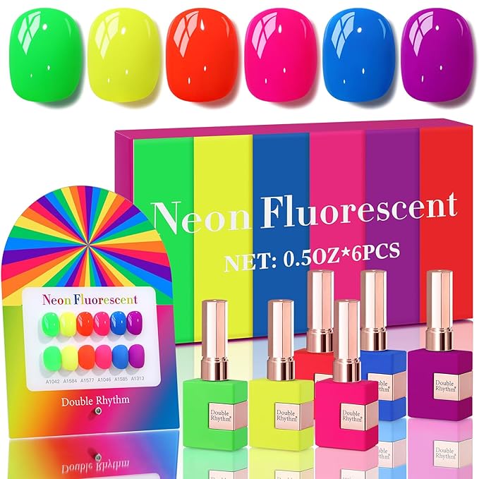 Double Rhythm 6 Pcs 15 ML Gel Polish Set Same Color Same Bottle Soak Off Gel Polish Kit Nail Art Manicure Salon DIY at Home for Women (Neon Green Red Pink Blue Purple-T6-12)-BrightBean Baby