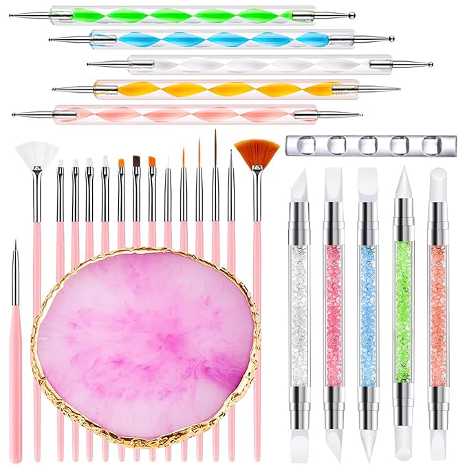 Nail Art Tools 27Pcs Set,Nail Art Brush,Resin Nail Art Palette,5 Pcs Nail Art Sculpture Pen,2-way Acrylic Silicone Engraving Pen Dotting Pen Tools Nail Art Kit for Nail Art DIY-BrightBean Baby