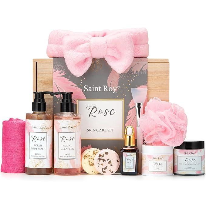 Spa Gifts for Women，10pcs Self Care Kit ROSE Scented with Facial Cleanser, Scrub Body Wash, Facial Clay Mask, Facial, Essential Oil, Birthday Gifts Skin Care Set, Mothers Day Gifts Ideas-BrightBean Baby