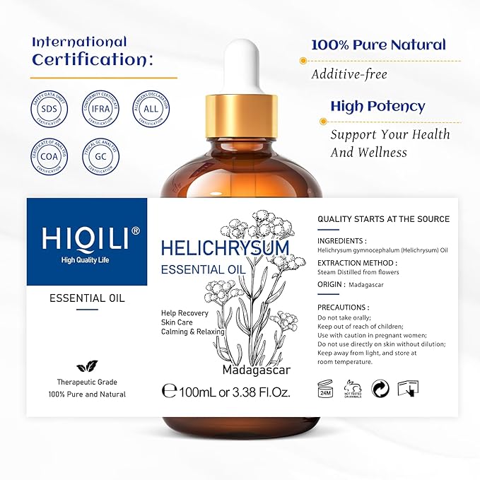 HIQILI Helichrysum Essential Oil for Skin Nourish, Undiluted & Natural, Relieve Fatigue in Body Massage, Reduce Fine Line and Wrinkle, Aromatherapy Diffuser, DIY Floral Scented Gift -100ML-BrightBean Baby