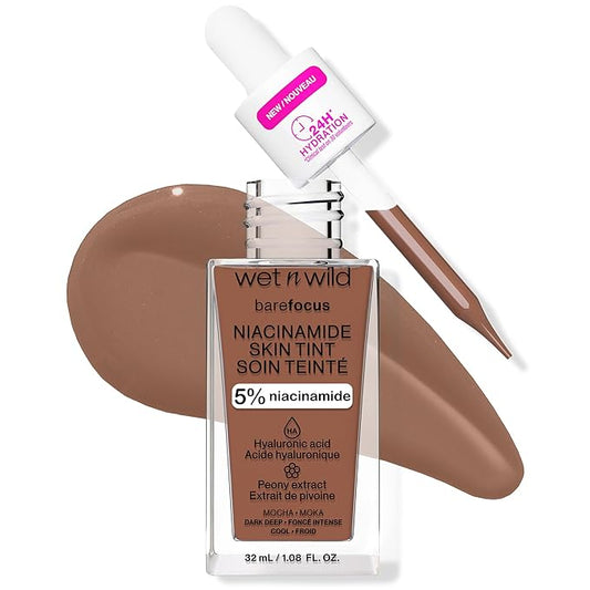 wet n wild Bare Focus Skin Tint, 5% Niacinamide Enriched, Buildable Sheer Lightweight Coverage, Natural Radiant Finish, Hyaluronic & Vitamin Hydration Boost, Cruelty-Free & Vegan - Mocha-BrightBean Baby