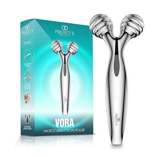 VORA Microcurrent Facial Roller by Project E Beauty | 3D Face & Body Massager | Instant Face Lift & V-Shape | Collagen Boost | Tightens Skin | Anti-Aging | Roller Tightens Skin | Solar Powered-BrightBean Baby