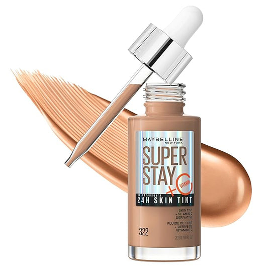 Maybelline Super Stay Up to 24HR Skin Tint, Radiant Light-to-Medium Coverage Foundation, Makeup Infused With Vitamin C, 322, 1 Count-BrightBean Baby