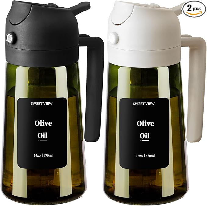 2PCS Olive Oil Dispenser and Oil Sprayer – 16oz/470ml Glass Light-Proof Oil Pourer for Kitchen, Air Fryer, Cooking, Salad, and BBQ