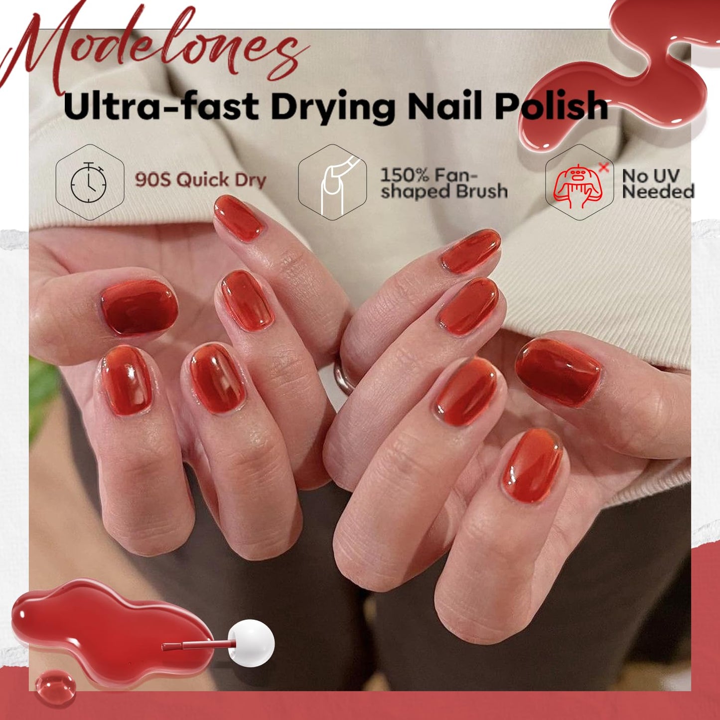 modelones Jelly Red Nail Polish, Sheer Dark Red Clear Translucent Semi-Transparent 15 ml Quick Dry Nail Lacquer Strengthener Long Last Finger Toe Nail Art DIY Manicure Gift for Women Girls 0.5 Fl Oz-BrightBean Baby